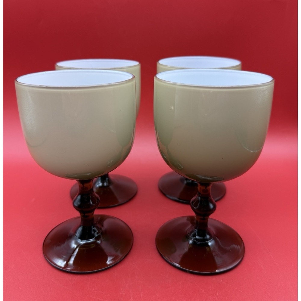 4 Vintage CARLO MORETTI Smoke Taupe/White Cased Glass Water Glasses Goblet 5.75"